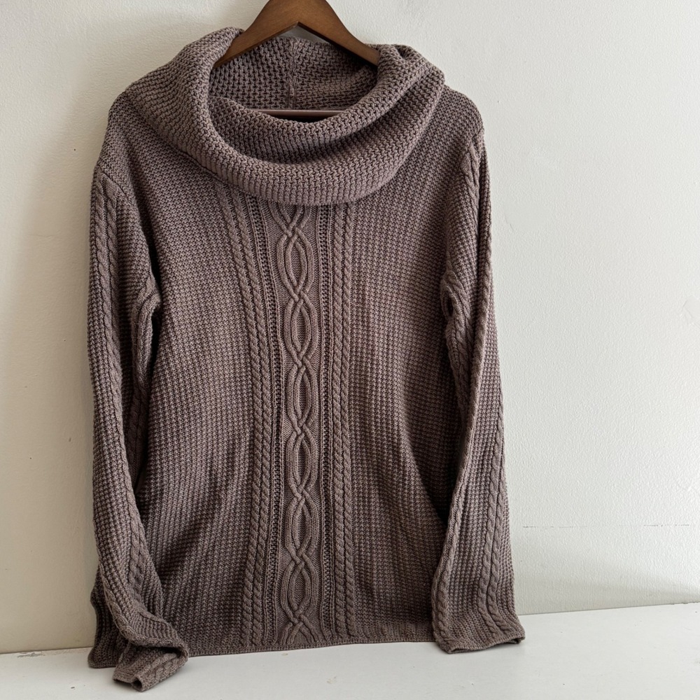 Jeanne Pierre Women's Lg Cowl Neck Cable Knit 100% Cotton Sweater Taupe Fall